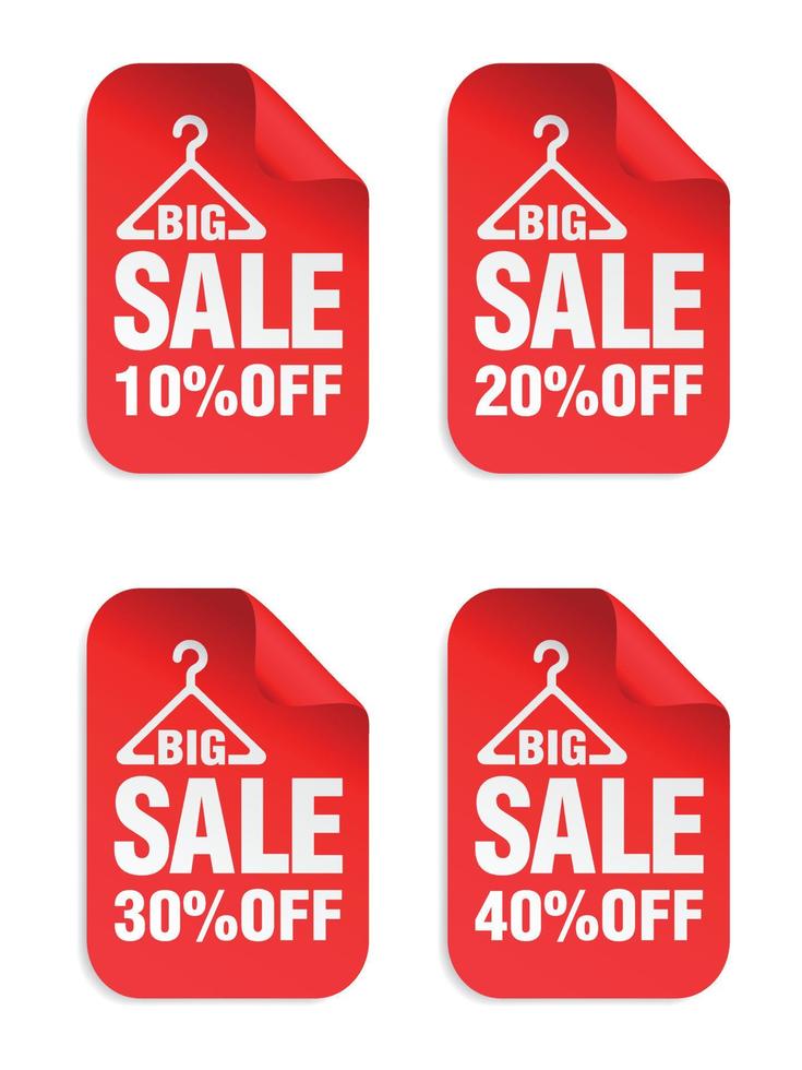Red sale stickers set with hangers for clothes. Big Sale 10, 20, 30, 40 percent off vector