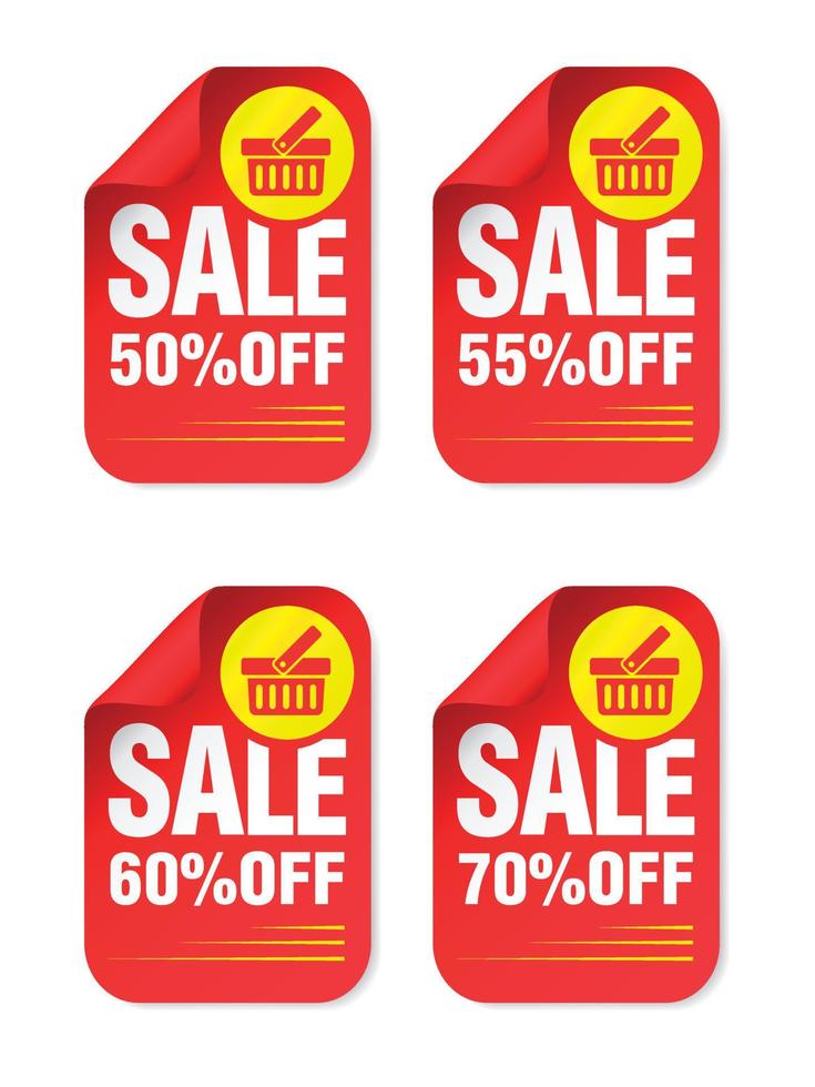 Red sale stickers set with shopping basket. Sale 50, 55, 60, 70 percent off vector