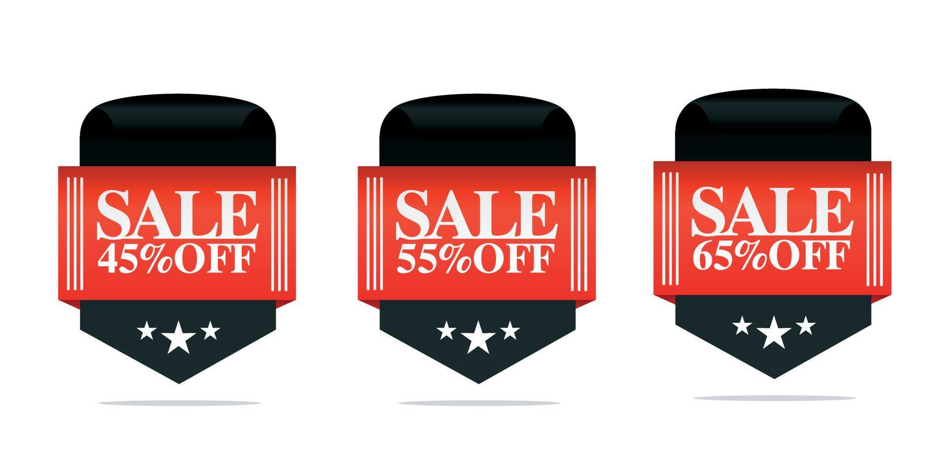 Set of sale badges, 45, 55, 65 percent off vector