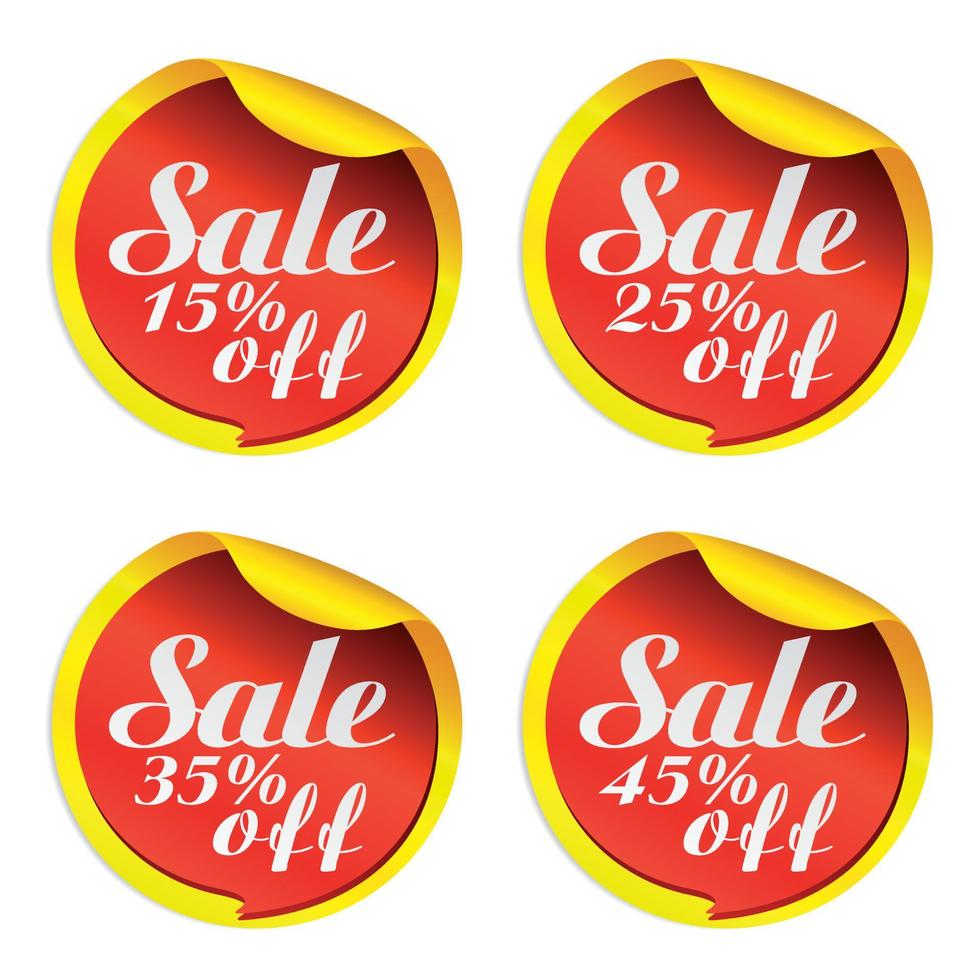 Yellow sale stickers set with red bubble 15, 25, 35, 45 percent off vector