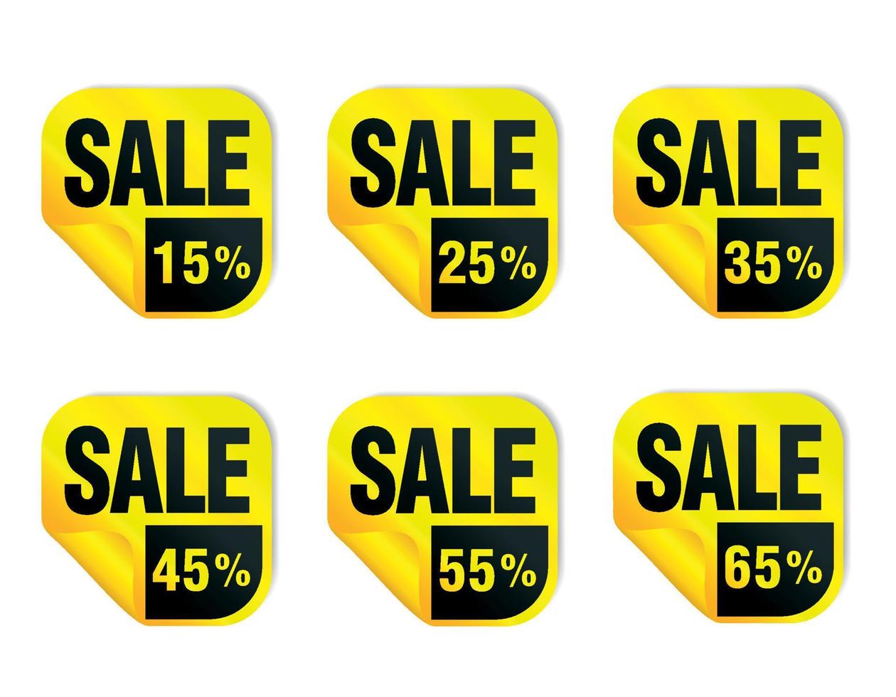 Sale yellow stickers icon set. Sale 15, 25, 35, 45, 55, 65 percent off vector