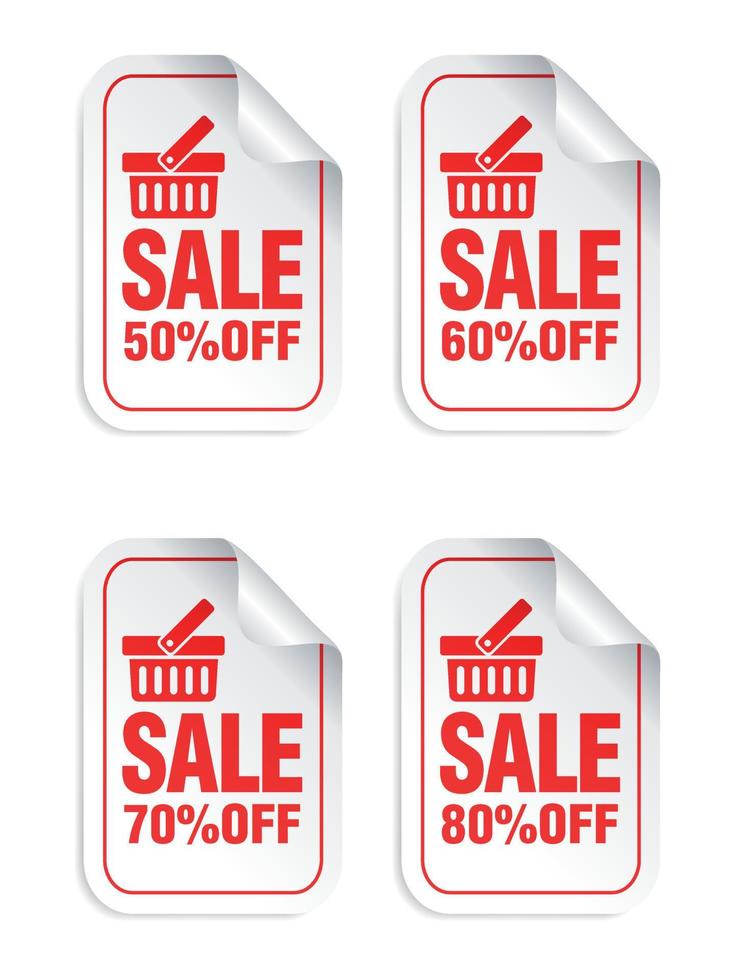 Sale stickers set with shopping basket. Sale stickers 50, 60, 70, 80 percent off vector