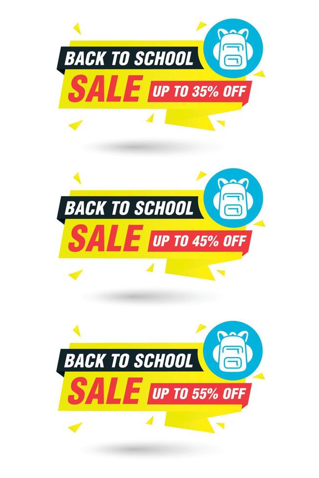 Back to school Origami sale labels set. Sale 35, 45, 55 percent off discount vector