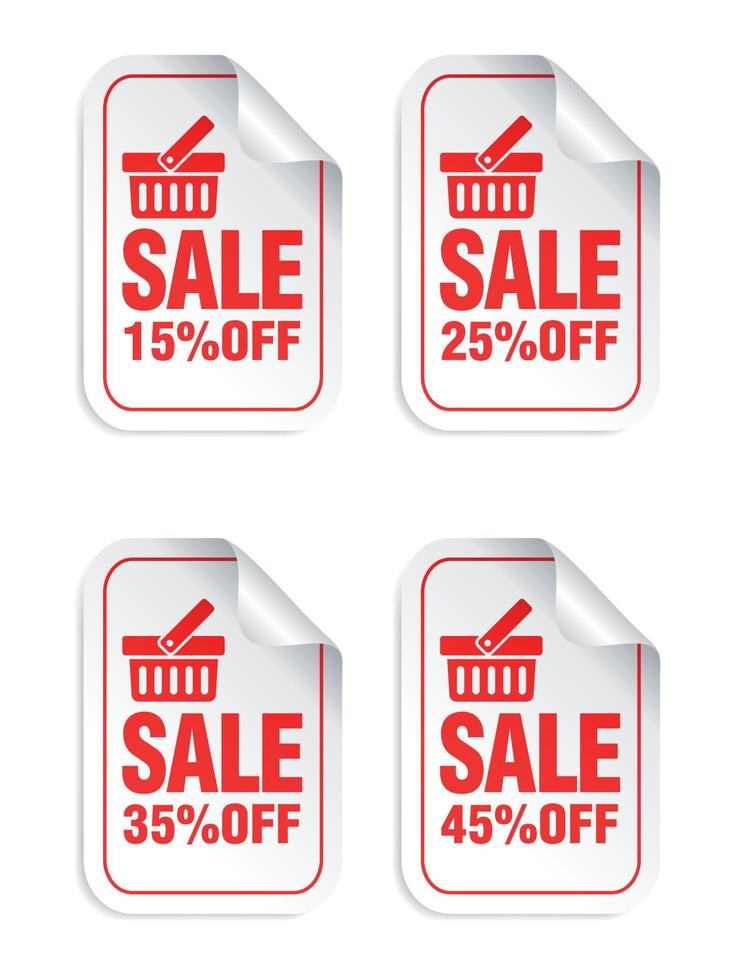 Sale stickers set with shopping basket. Sale stickers 15, 25, 35, 45 percent off vector