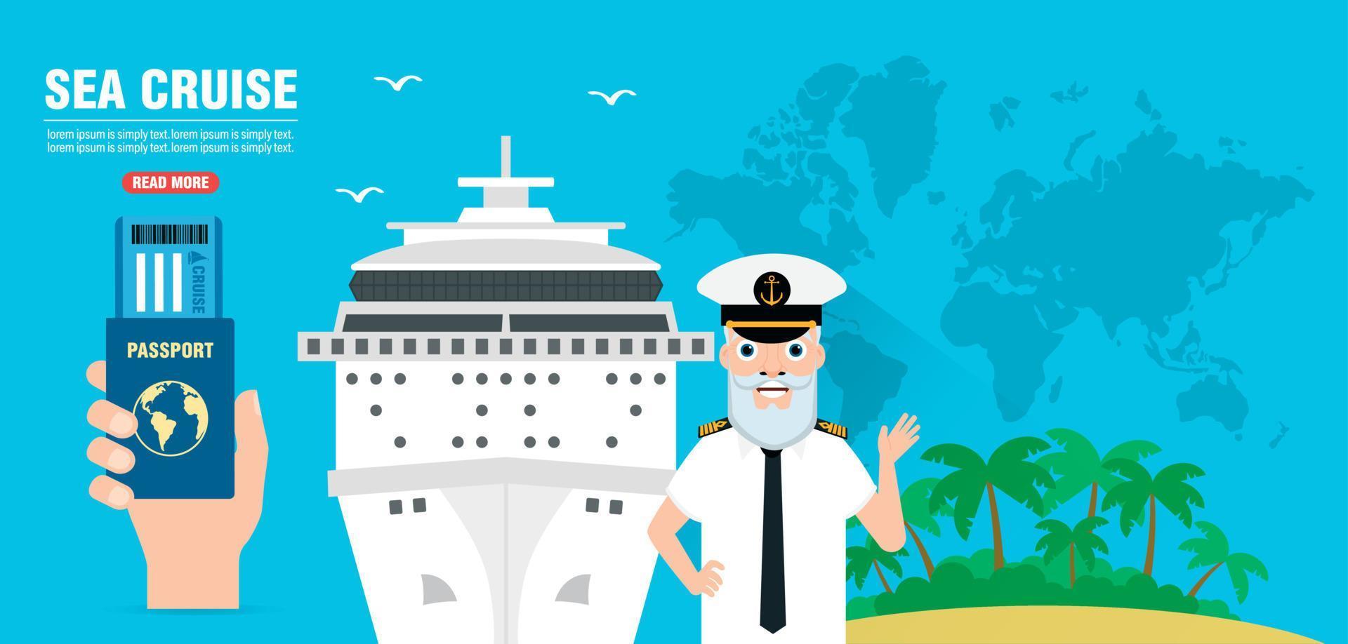 Sea cruise travel flat design banner with a cruise ship and captain vector