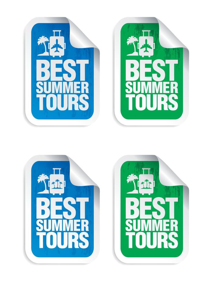 Green, blue sticker set best summer tours. Time to travel vector
