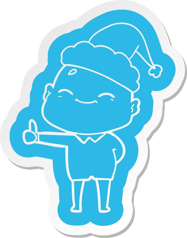 happy cartoon  sticker of a bald man wearing santa hat vector