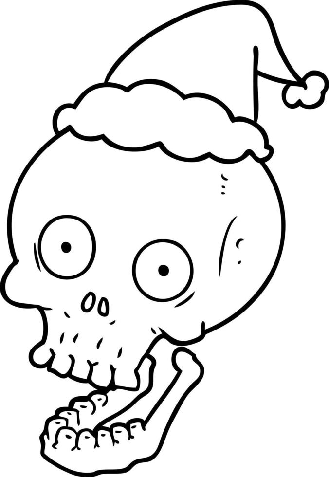 dibujo lineal de una calavera con sombrero de santa vector