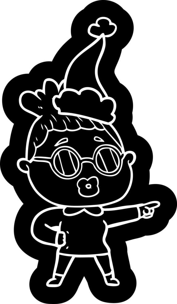 cartoon icon of a pointing woman wearing spectacles wearing santa hat vector