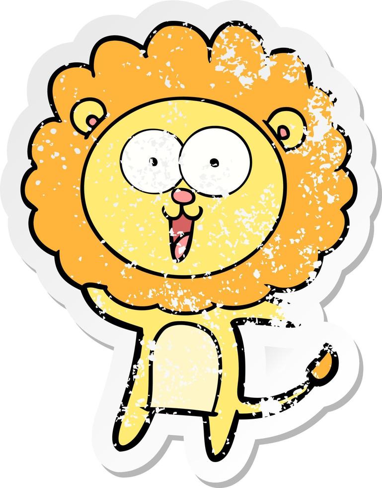 distressed sticker of a happy cartoon lion vector