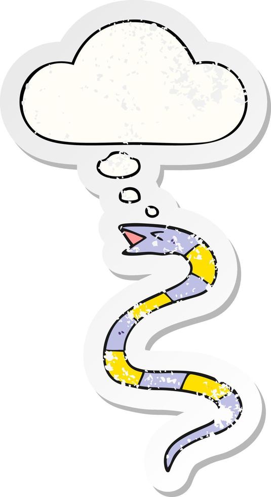 cartoon snake and thought bubble as a distressed worn sticker vector