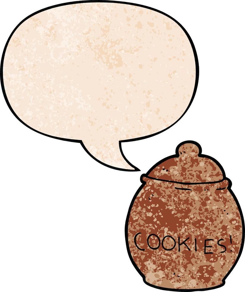 cartoon cookie jar and speech bubble in retro texture style vector