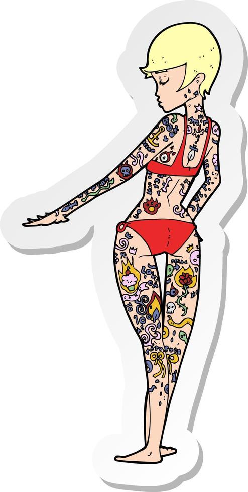 sticker of a cartoon bikini girl covered in tattoos vector