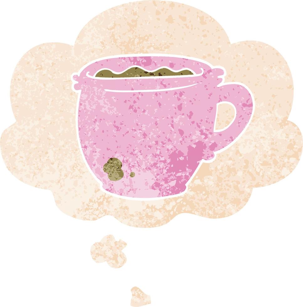 cartoon hot cup of coffee and thought bubble in retro textured style vector