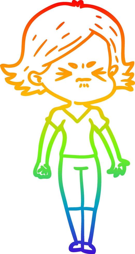 rainbow gradient line drawing cartoon angry woman vector