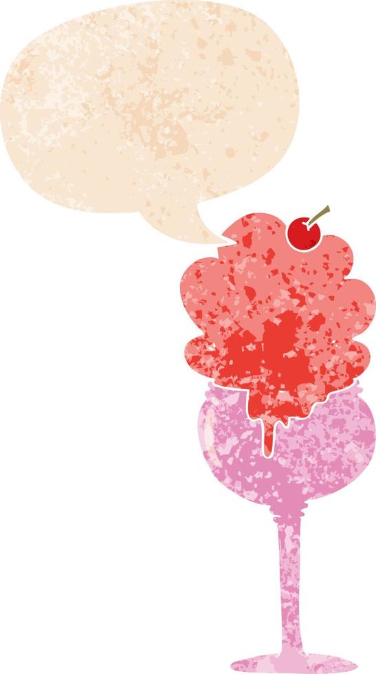 cartoon ice cream desert and speech bubble in retro textured style vector