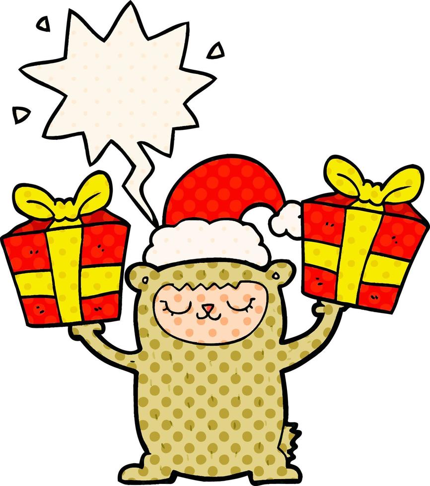 cartoon christmas bear and speech bubble in comic book style vector