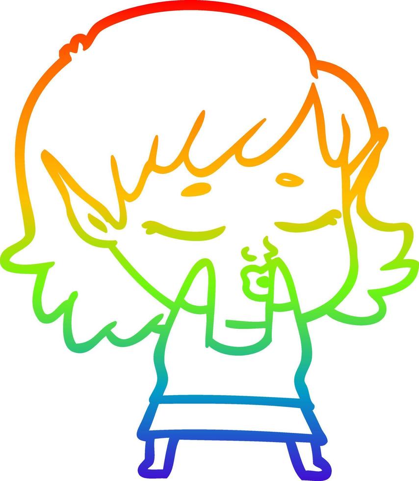 rainbow gradient line drawing pretty cartoon elf girl vector