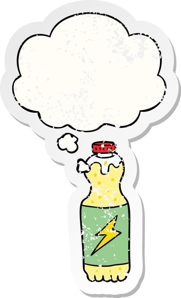 cartoon soda bottle and thought bubble as a distressed worn sticker vector