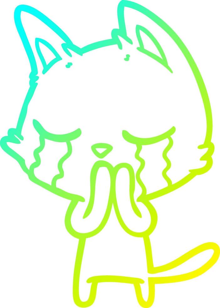 cold gradient line drawing crying cartoon cat vector