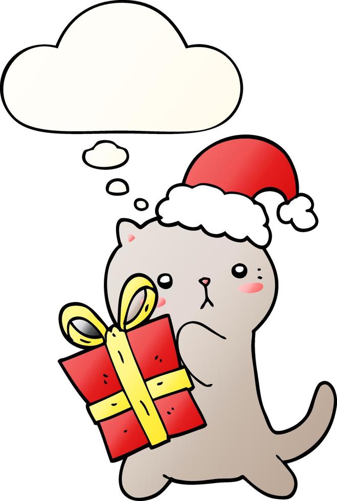 lindo gato de dibujos animados que lleva un regalo de navidad y una burbuja de pensamiento en un estilo de gradiente suave vector