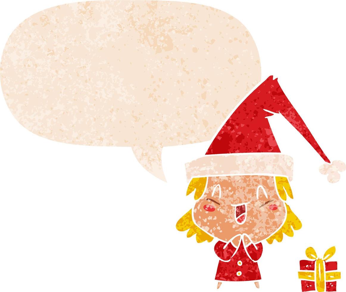 caricatura, niña, llevando, navidad, sombrero, y, discurso, burbuja, en, retro, textura, estilo vector