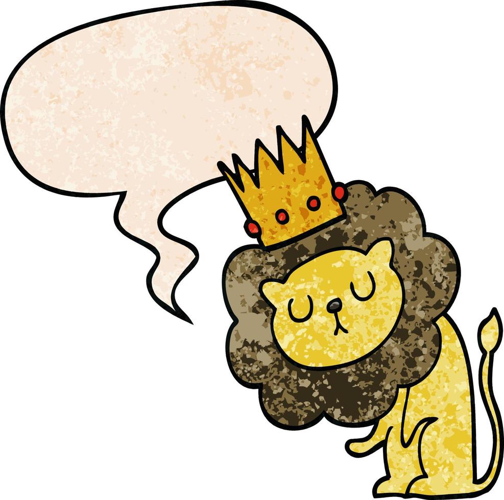 cartoon lion and crown and speech bubble in retro texture style vector