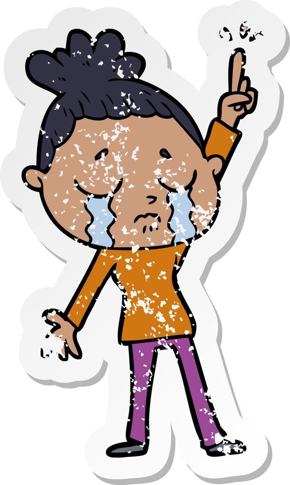 distressed sticker of a cartoon crying woman raising hand vector