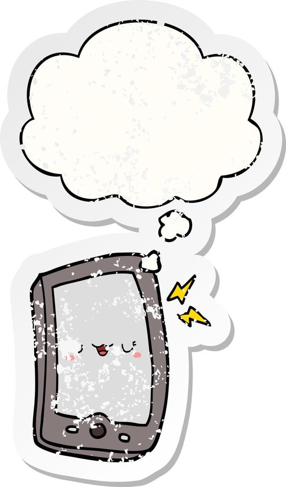 cute cartoon mobile phone and thought bubble as a distressed worn sticker vector