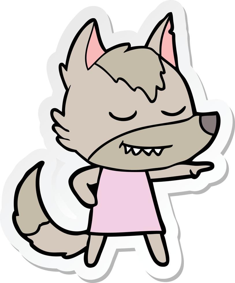 sticker of a friendly cartoon wolf girl pointing vector