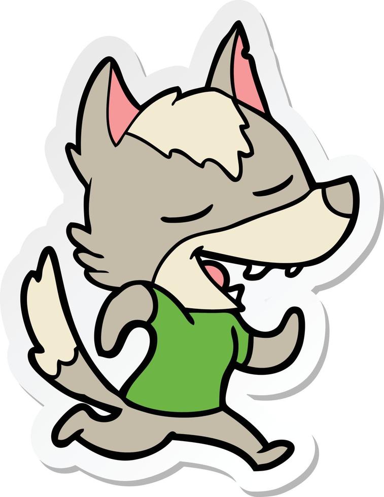 sticker of a cartoon running wolf laughing vector