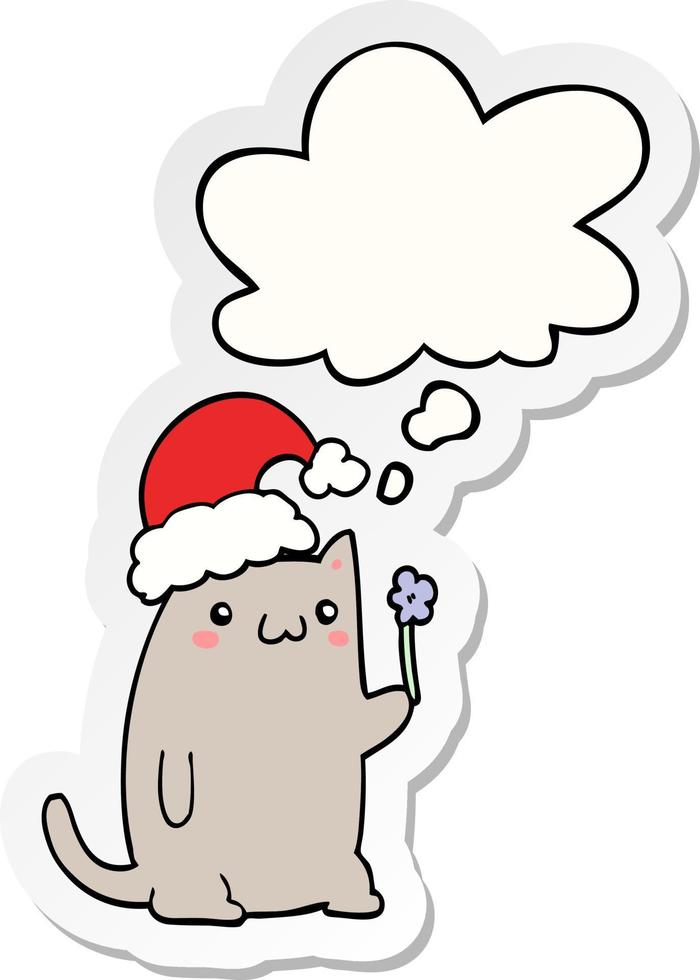 cute cartoon christmas cat and thought bubble as a printed sticker vector