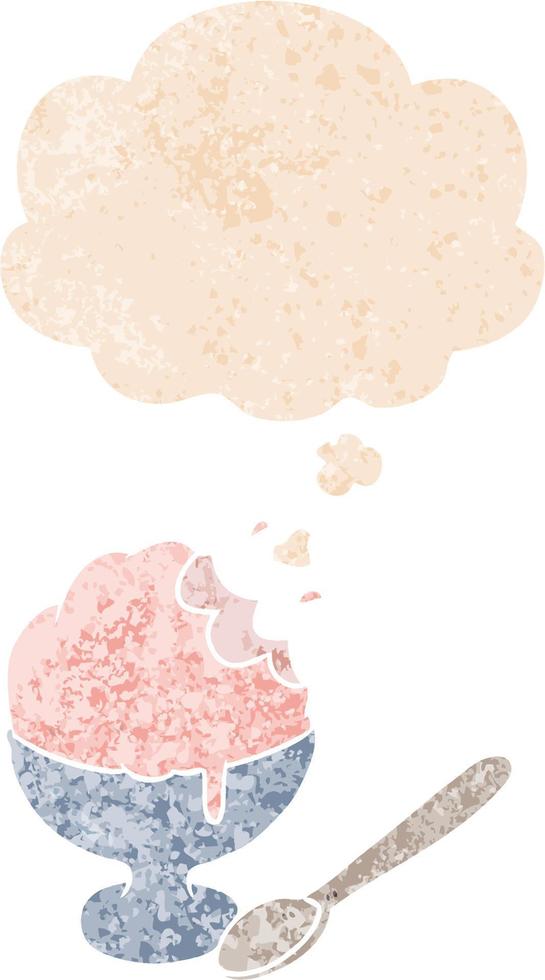 cartoon ice cream dessert and thought bubble in retro textured style vector