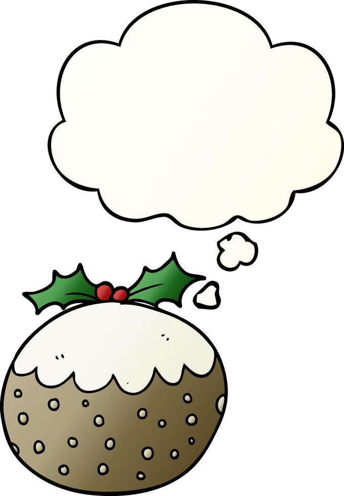 cartoon christmas pudding and thought bubble in smooth gradient style vector