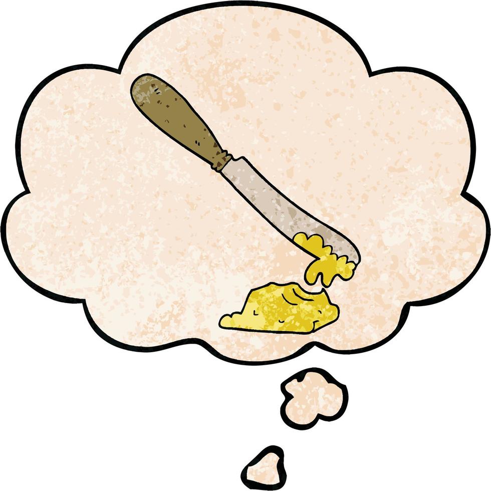 cartoon knife spreading butter and thought bubble in grunge texture pattern style vector