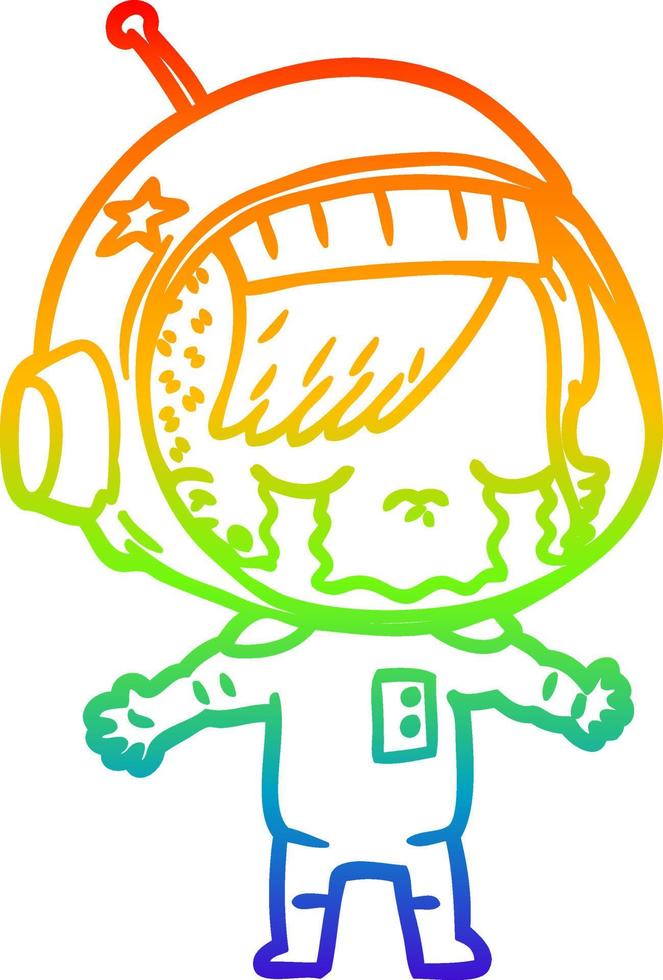 rainbow gradient line drawing cartoon crying astronaut girl vector