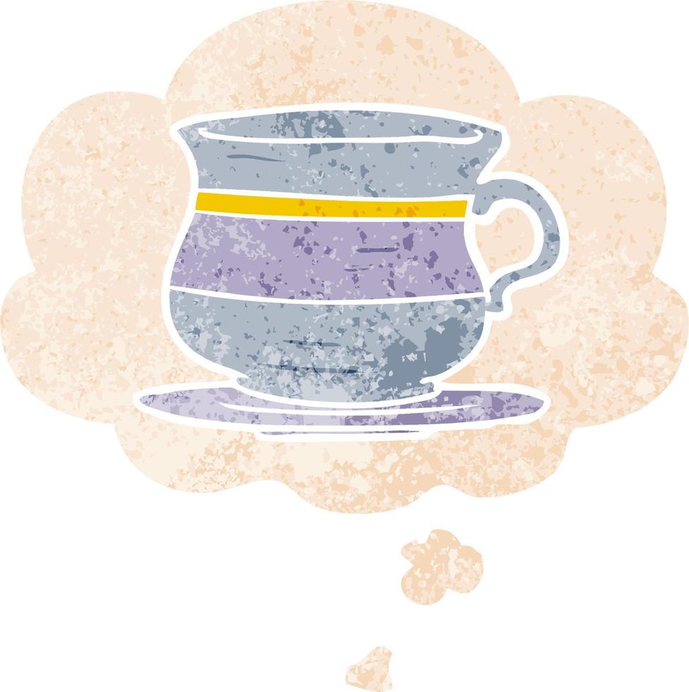 caricatura, viejo, taza de té, y, pensamiento, burbuja, en, retro, textura, estilo vector