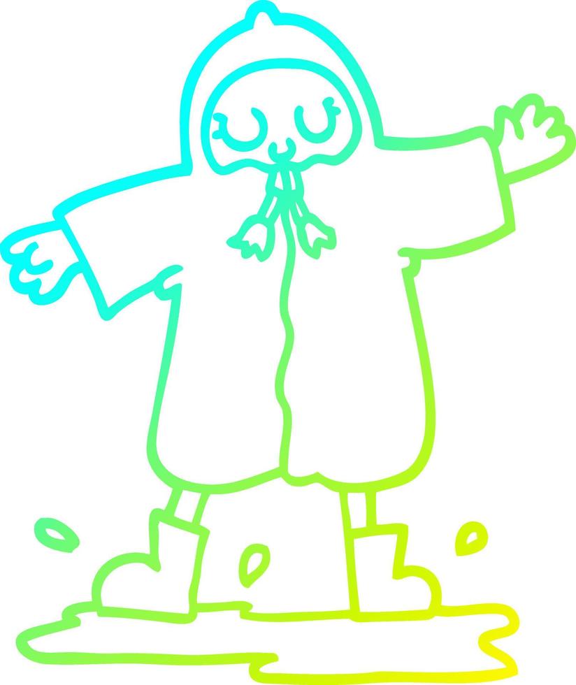 cold gradient line drawing cartoon person splashing in puddle wearing rain coat vector