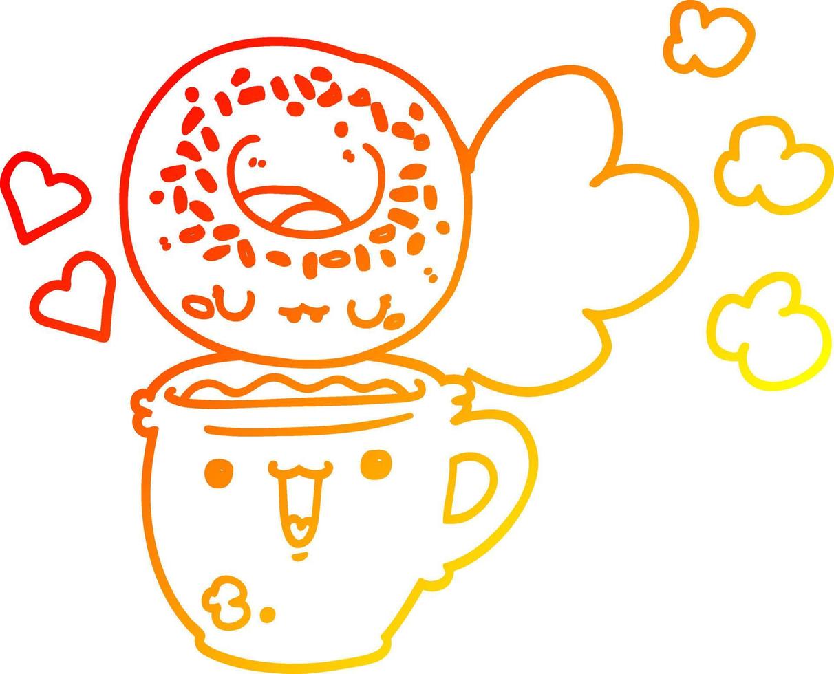 warm gradient line drawing cute cartoon donut and coffee vector