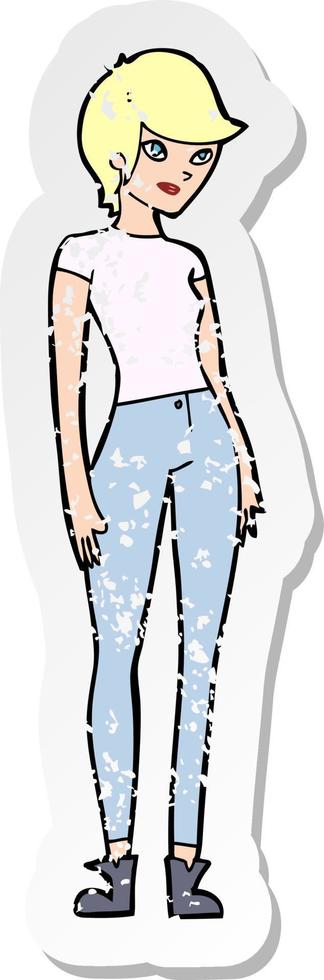 retro distressed sticker of a cartoon modern attractive woman vector