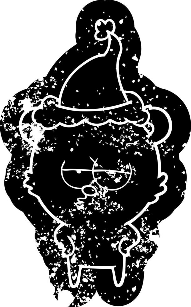 bored bear cartoon distressed icon of a wearing santa hat vector