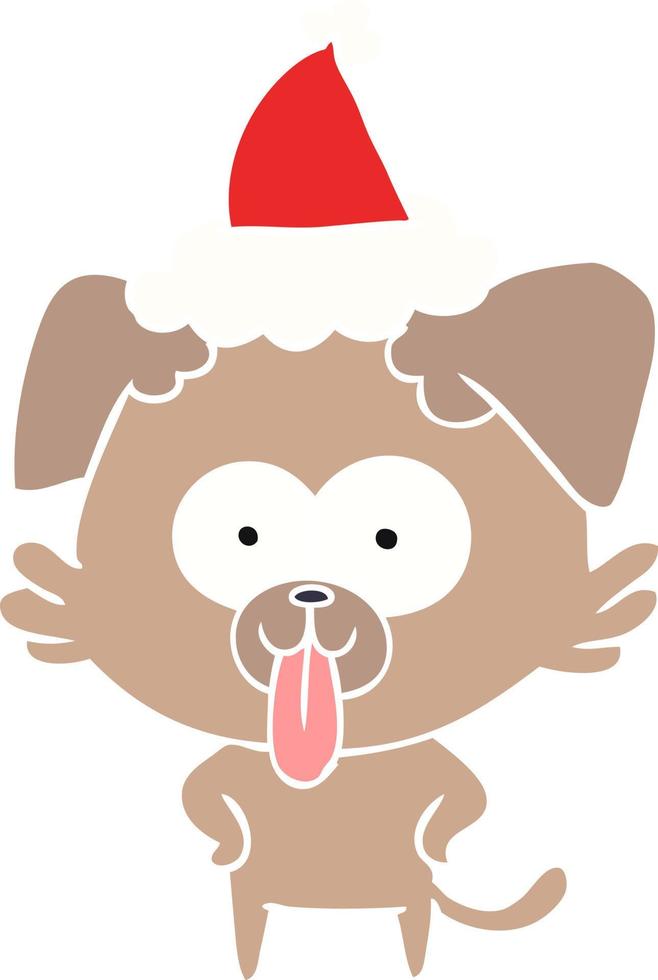 flat color illustration of a dog with tongue sticking out wearing santa hat vector