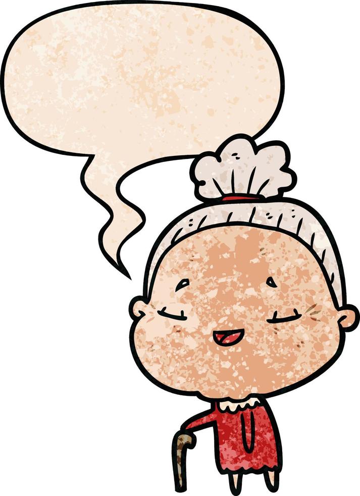 cartoon old woman and walking stick and speech bubble in retro texture style vector