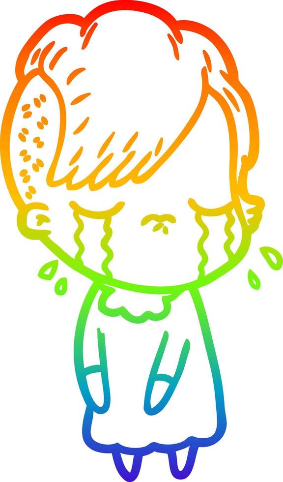 rainbow gradient line drawing cartoon crying girl vector