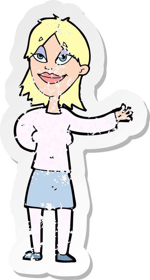 pegatina retro angustiada de una mujer de dibujos animados haciendo un gesto para mostrar algo vector