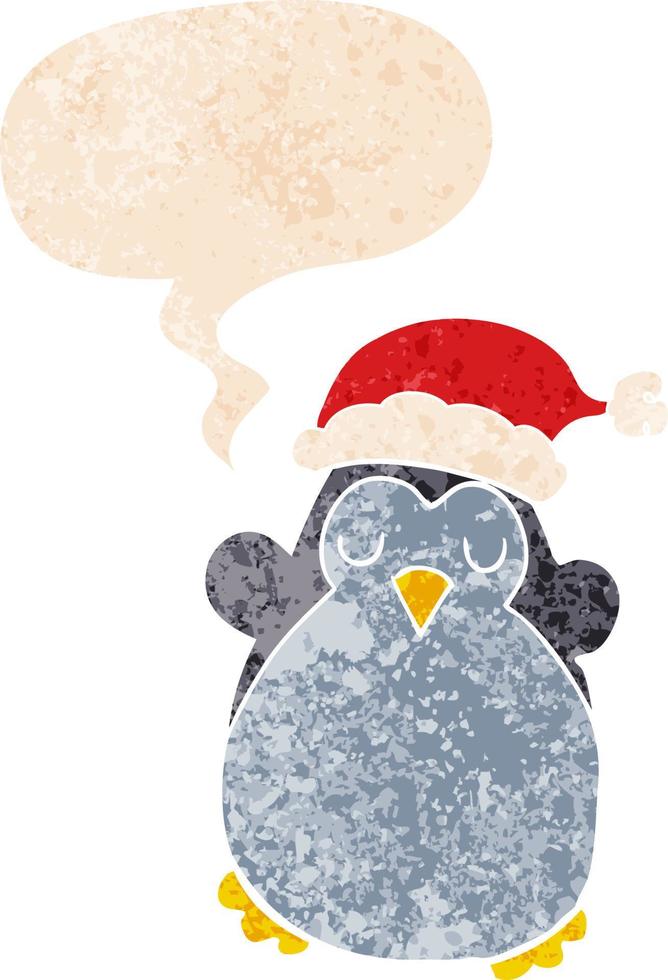 lindo pingüino navideño y burbuja de habla en estilo retro texturizado vector