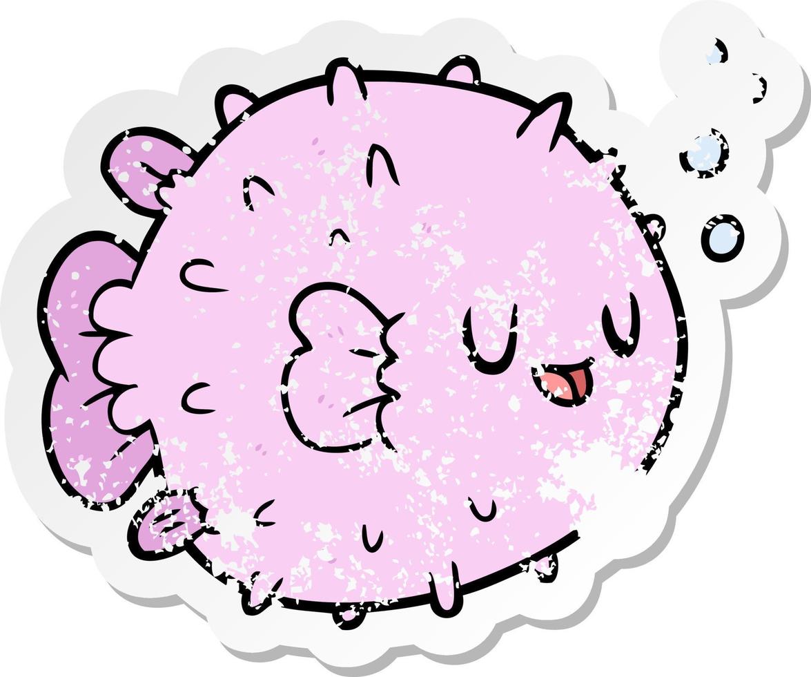 distressed sticker of a cartoon blowfish vector