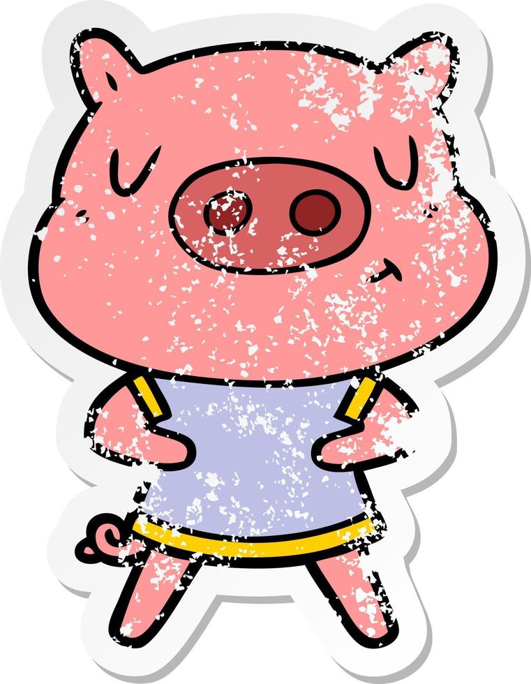 distressed sticker of a cartoon content pig wearing t shirt vector