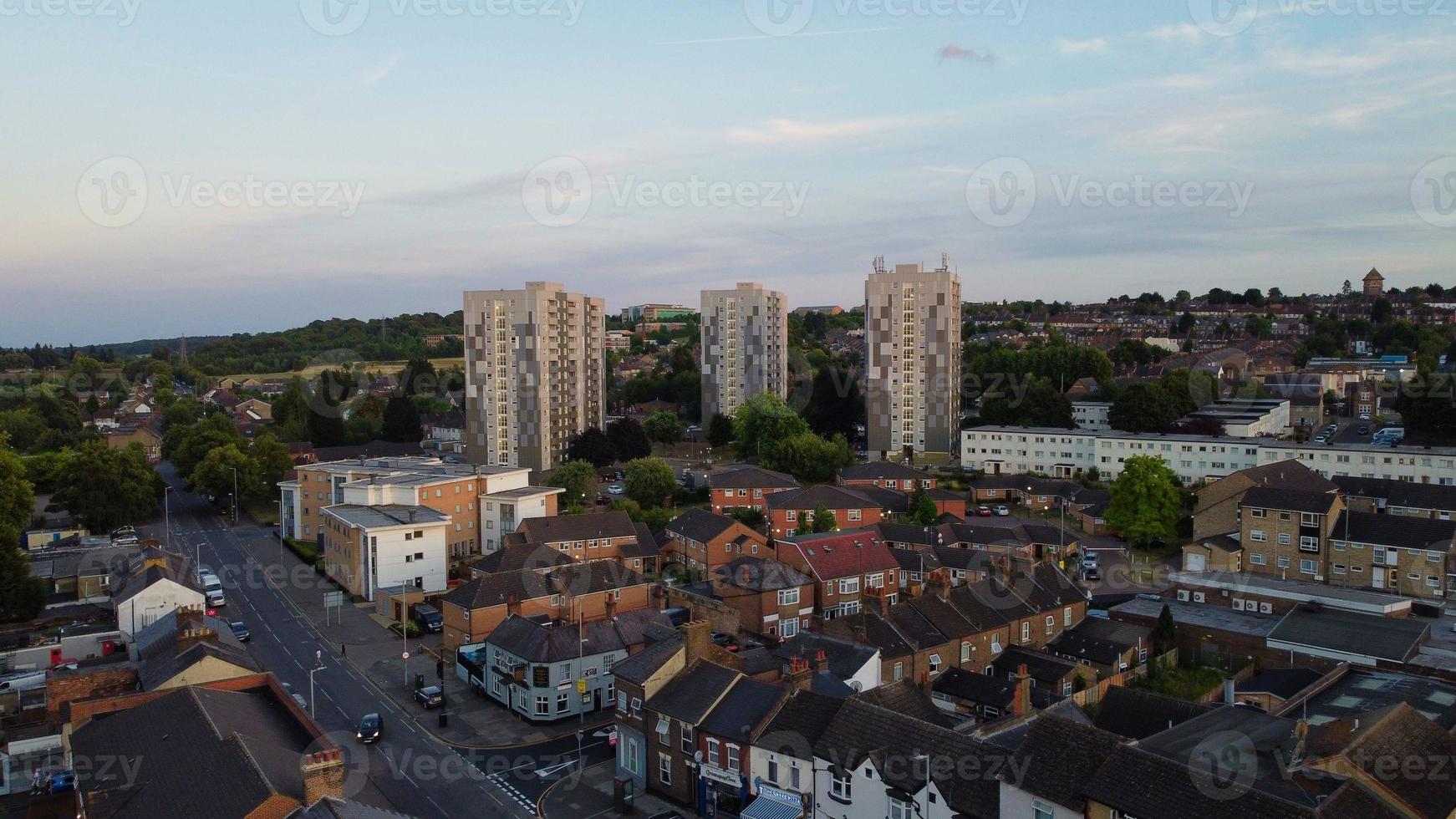 Drone's high angle Aerial view of City Center of Luton Town of England and Train Station photo