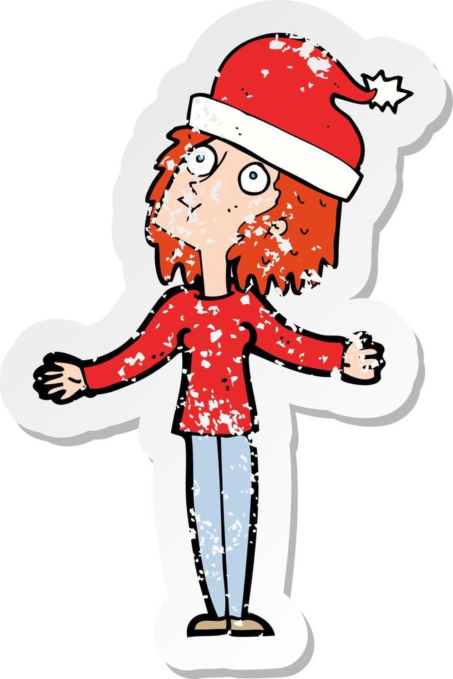 retro distressed sticker of a cartoon woman ready for christmas vector